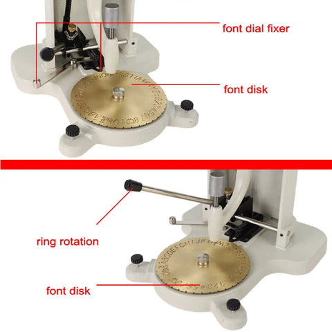 Slick Heavy Duty Ring Inner Engraver Stamper With Adjustable Letter Dial Tool For Jewelers To Stamp Crisp Initials Plus Exact Dates On Any Band Without Breaking A Sweat, showing font disk and ring rotation.