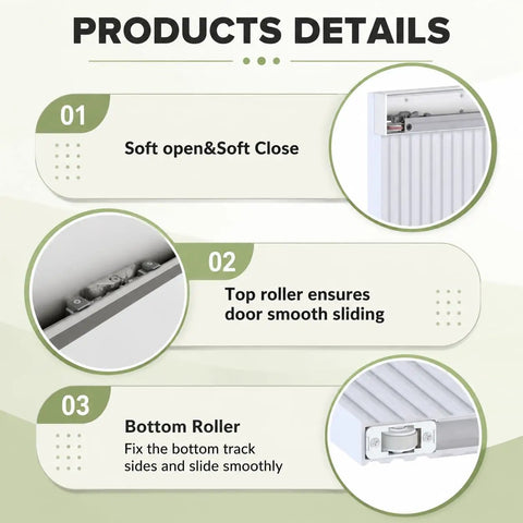 Details of Premium Fluted Panel Concealed Barn Door 36 By 84 Inches, showcasing soft close, top roller, and bottom roller for smooth sliding.