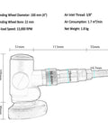 4 Inch Pneumatic Angle Grinder features dimensions and specifications for precision in weld prep and polish jobs.