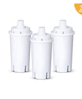 Budget Friendly Replacement Water Filter That Fits Popular Filtration Systems 3 Pack OB03, set of three filters, white plastic.