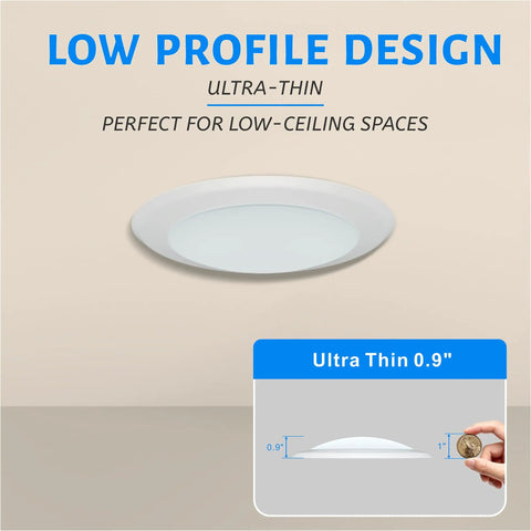 Side view of Ten Pack 6 Inch LED Disk Lights Dimmable Flush Mount Downlights 16.5W 1000 Lumens 5000K Daylight Ceiling showcasing slim profile