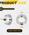Premium 4 Pack SMR117ZZ Deep Groove Ball Bearings Forged From 440C Stainless Steel And Certified ABEC 5, 7x11x3 mm size.
