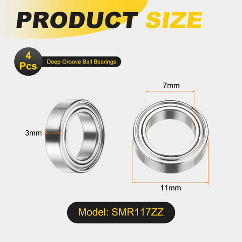 Premium 4 Pack SMR117ZZ Deep Groove Ball Bearings Forged From 440C Stainless Steel And Certified ABEC 5, 7x11x3 mm size.