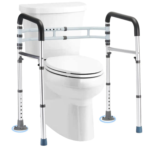 Heavy Duty Toilet Safety Rails For Seniors And Elderly Sturdy Aluminum Bathroom Handle Frame with adjustable support near toilet.