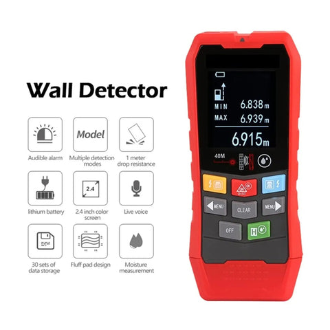 4 In 1 Wireless Stud Finder Wall Scanner Featuring Waterproof Probe For Dead-On Ac Voltage Wood Metal Cable Detection And Super Sensitive Pipe Blockade Location, Lithium Battery Powered with red casing and display screen.