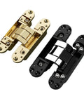 Heavy Duty Hidden Folding Door Hinges Pair Super Strong Black Cabinet Hardware in black and gold finish for furniture.