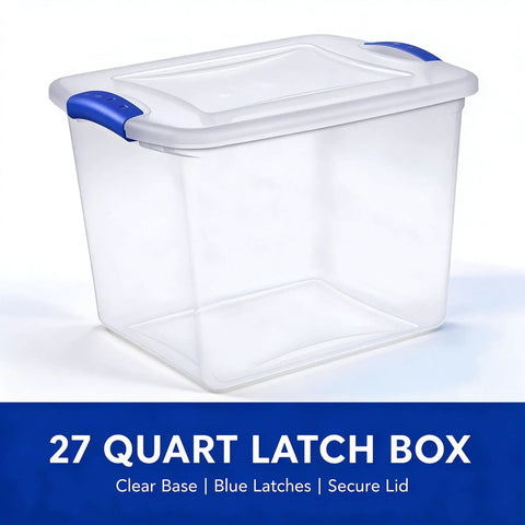 27 Quart Clear Plastic Storage Bin With Lock Down Latching Lid Stackable Organizer Tote For Home Clutter Control, clear with blue latches.