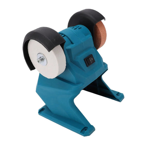 Heavy Duty Cordless Mini Bench Grinder With A Rock Solid 5500 Rpm Motor And Lock Down Suction Base angled view showcasing grinding discs on sturdy base.