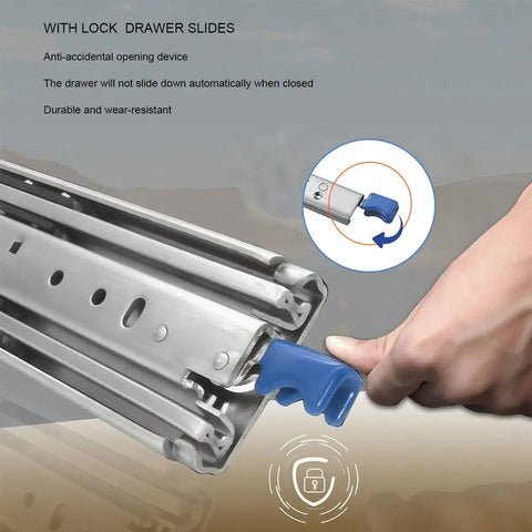 Badass Heavy Duty Ball Bearing Drawer Slides With Half Ton Capacity showing blue locking mechanism for secure closure.