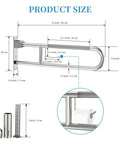 Rock Solid Toilet Grab Bar With Paper Holder Flip Up Bathroom Safety Rail dimensions diagram with stainless steel measurements.