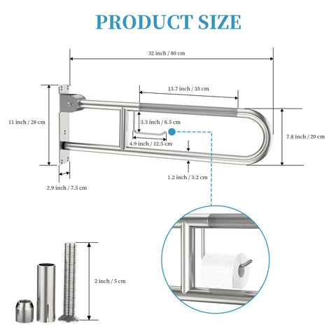 Rock Solid Toilet Grab Bar With Paper Holder Flip Up Bathroom Safety Rail dimensions diagram with stainless steel measurements.