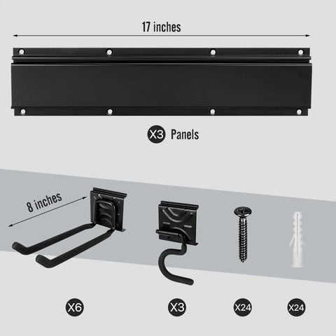 Heavy Duty Garage Wall Organizer Rack Kit With Three Mop Holders And Six Multi Purpose Hooks detail view of panels and hooks