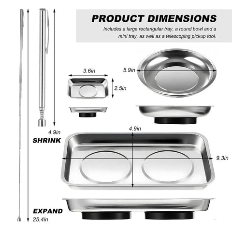 Magnetic Tray Set With Telescoping Magnet Pickup Tool 4 Piece Stainless Steel Round And Rectangular Trays For Screws Nuts Bolts Pro Grade Heavy Duty Automotive Shop Organizer with dimensions.
