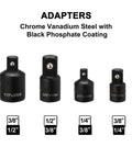 Chrome vanadium steel adapters with black phosphate coating from 18-Piece Drive Socket Set With Adapters, Extensions, Universal Joints And Impact Coupler For 1/4, 3/8 And 1/2 Inch Drive.