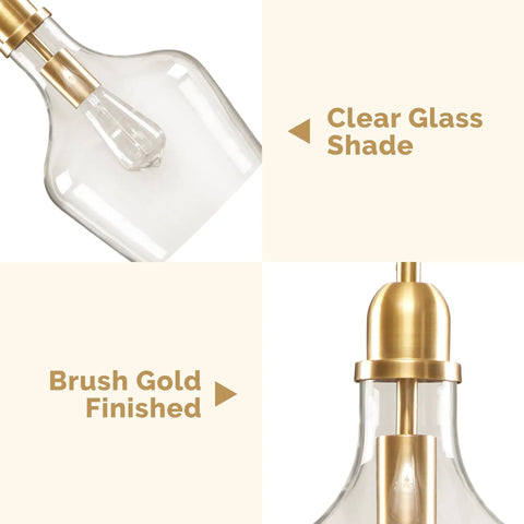 Hand Blown Glass Bell Pendant Light in Gold and Clear, Industrial Farmhouse Style, close-up of clear shade and gold finish