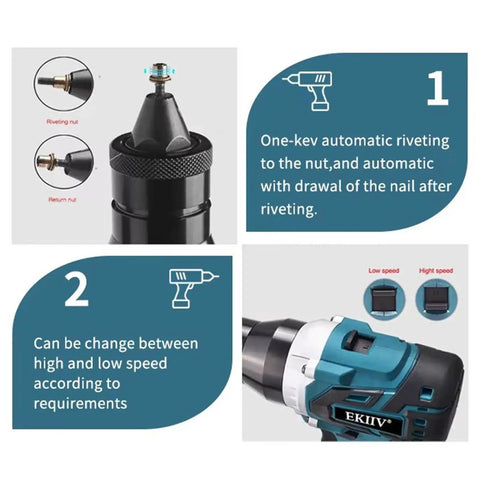 Pro Level Cordless Rivet Nut Gun With Brushless Motor And Lightning Fast Three Second Pull For Auto Shop And Rv Work Featuring Slick Ergonomic Handle And M3 To M12 Compatibility showing automatic rivet nut insertion and speed settings.