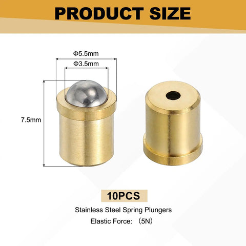 10 Piece Industrial Grade Stainless Steel Spring Plunger 7.5 By 5.5 Mm Precision Ball Head Pin sized with dimensions and details.