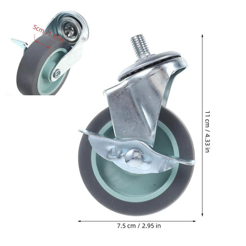 Slick Threaded Stem Swivel Caster Wheels 4 Piece Kit With Lockable Brakes TPR Stainless Steel close-up showing dimensions and structure.