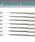 Pro Level Rock Solid Model Scriber Kit With Anti Slip Aluminum Handle And Seven Killer Sharp Tungsten Steel Blades, showing seven precise blades.