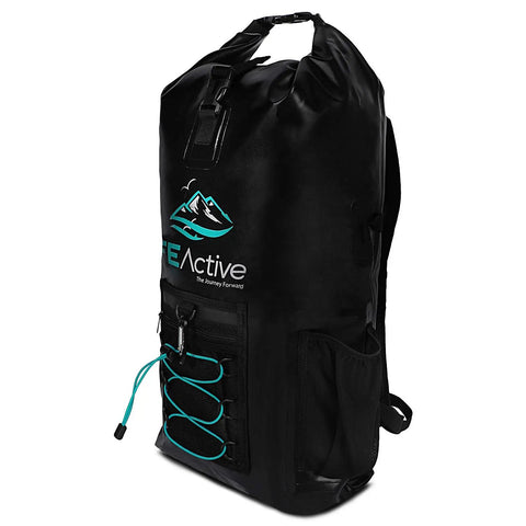 20L All Weather Waterproof Dry Bag Backpack For Hiking, Camping, Fishing And Kayaking, black PVC, side view with teal accents