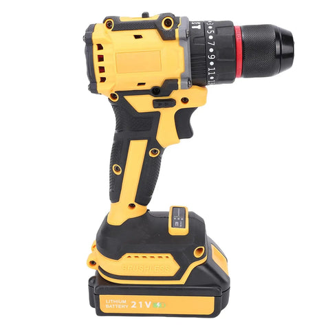 Heavy Duty Cordless Drill And Impact Driver Beast Offering Twenty One Volt Power With Forty Newton Meter Torque side view of drill with lithium battery