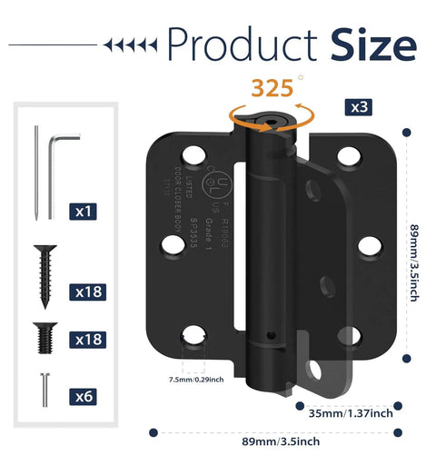 3 Pack Built Tough Self Closing Door Hinges With Smooth Sweep And Five Eighths Radius Corners For Kitchens Bathrooms And Utility Rooms Includes Quick Swap Stainless Steel Mounting Hardware In Matte Black Finish size and hardware options.