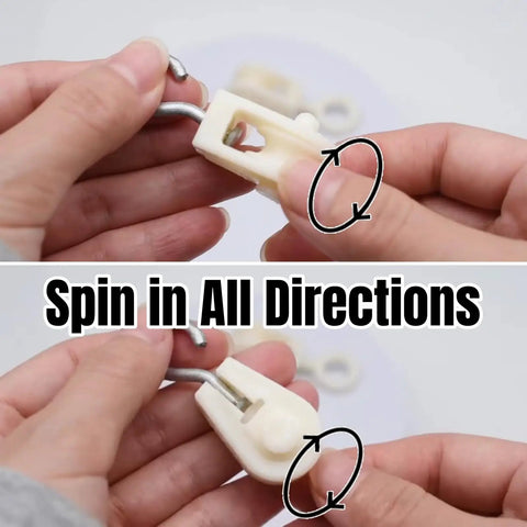 Hands demonstrating the 15 Piece Nylon Pulley Sets Featuring Slick Steel Swivel Hooks For A Dead Smooth 360 Degree Spin operations.