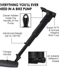 120 PSI mini pump from Road And Mountain Bike Tire Repair Kit with features and T-shape handle in close-up view.