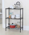 Heavy Duty Steel Wire Shelving Unit Three Tier Adjustable Height Utility Storage Rack For Garage Kitchen With Leveling Feet displaying cookware and bowls.