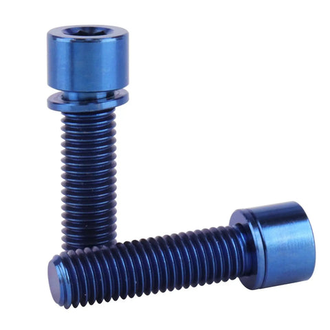 Top Shelf Grade 5 Titanium Hex Bolts M7 25 Millimeter Size With Included Flat Washers Built Tough Ride Ready Rust Proof Bike Hardware Upgrade Pack Of 4 Blue close-up view of two blue titanium bolts.
