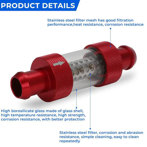 3/4 Inch Universal Inline Coolant Filter For Heater Core Red with stainless steel and glass components, detailed view