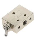 Dead Simple Self Locking Two Position Five Way Pneumatic Exhaust Valve Switch With One Inch Eighth Npt Fittings close-up view.