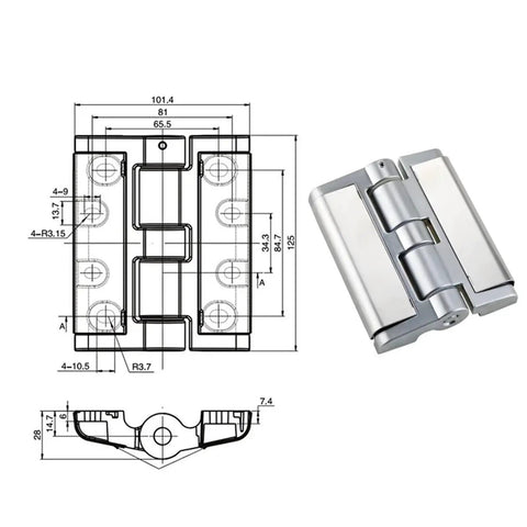 Built Like A Truck Zinc Alloy Pivot Hinge For Industrial Heavy Duty Electrical Enclosure Boxes And Secure Gate Latching Hardware Corrosion Resistant Matte Finish Unit, showing dimensions and design.