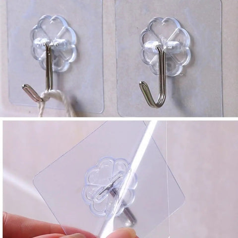 Heavy Duty Plastic Utility Hooks With Rock Solid Self Adhesive Backing For Damage Free Wall Mounting Reusable Bathroom Hangers waterproof design attached to a wall.