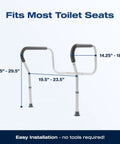Solid Adjustable Toilet Safety Frame With Cushioned Padded Arms For Safe Stand Up Aid And Zero Sweat Installation Plus Heavy Duty 300 Lb Support That Gives You Peace Of Mind Day And Night with adjustable height 25.5" to 29.5".