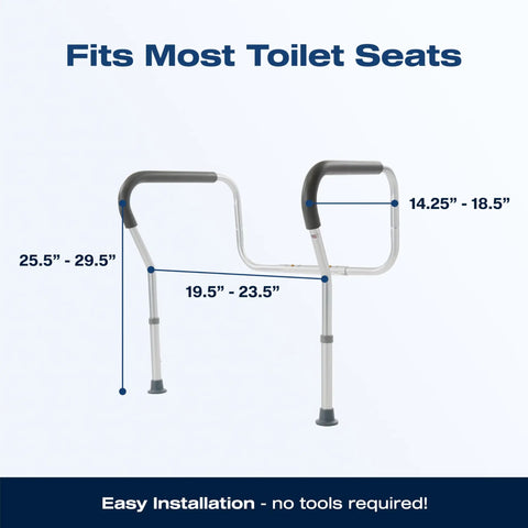 Solid Adjustable Toilet Safety Frame With Cushioned Padded Arms For Safe Stand Up Aid And Zero Sweat Installation Plus Heavy Duty 300 Lb Support That Gives You Peace Of Mind Day And Night with adjustable height 25.5" to 29.5".