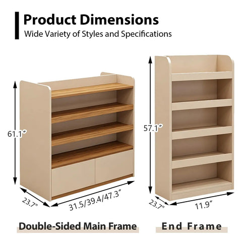 Heavy Duty Double Sided Gondola Shelving With Storage Cabinet Built Tough For Retail Shops And Boutiques dimensions showing double-sided and end frame sizes.