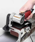Heavy Duty Pneumatic Roller Belt Sander With Adjustable Handle And High Speed 7000 RPM Motor in use for woodworking.