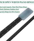 2 Inch Open Width Piano Hinges showing black stainless steel finish, ideal for DIY projects and robust applications.
