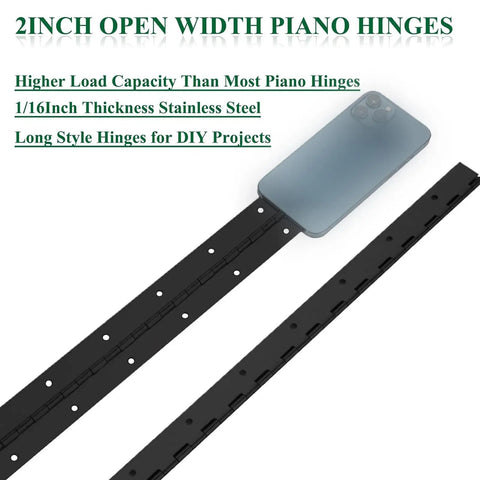 2 Inch Open Width Piano Hinges showing black stainless steel finish, ideal for DIY projects and robust applications.