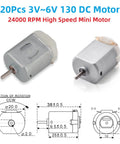 Hella Smooth 20 Pack 130 Type DC Mini Motors 3V To 6V 24000RPM Kickin Spin Micro Engine Kit showing metal housing and dimensions.