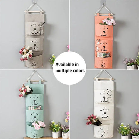Three Pocket Wall Mounted Closet Organizer Hanging Storage For Clothes Tissue Socks Small Essentials Super Tough Cotton Linen Fabric in multiple colors.