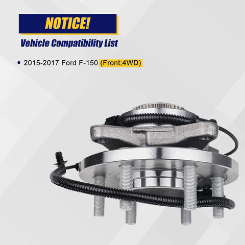 Premium Wheel Bearing and Hub Assembly 2 Pack Replacement for 2015-2017 Ford F150 Front 4WD with compatibility details.