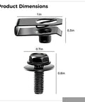 Product dimensions of Hella Tough U Clip Nuts and Mounting Screws Set with 40 Pack Speed Clips, showing sizes of clip and screw.