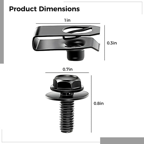 Product dimensions of Hella Tough U Clip Nuts and Mounting Screws Set with 40 Pack Speed Clips, showing sizes of clip and screw.