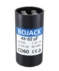 Heavy Duty Cd60 Round Motor Start Capacitor 43 To 52 Mfd 250 Vac with detailed specifications on a black housing.