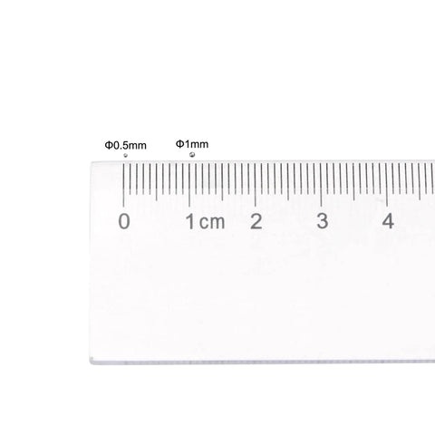 Top Shelf 304 Stainless Steel Precision Bearing Balls Set Featuring Grade G25 Tolerance, shown measuring 0.5mm and 1mm sizes.