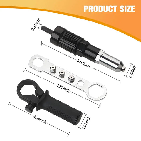 Heavy Duty 3 Piece Pop Rivet Gun Adapter Kit For Cordless Power Drills Built Tough Steel Riveting Tool Attachment with measurements.