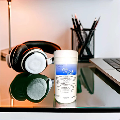 Container of Alcohol Free Electronics Cleaning Wipes For Screens Keyboards Phones And Gaming Controllers on desk