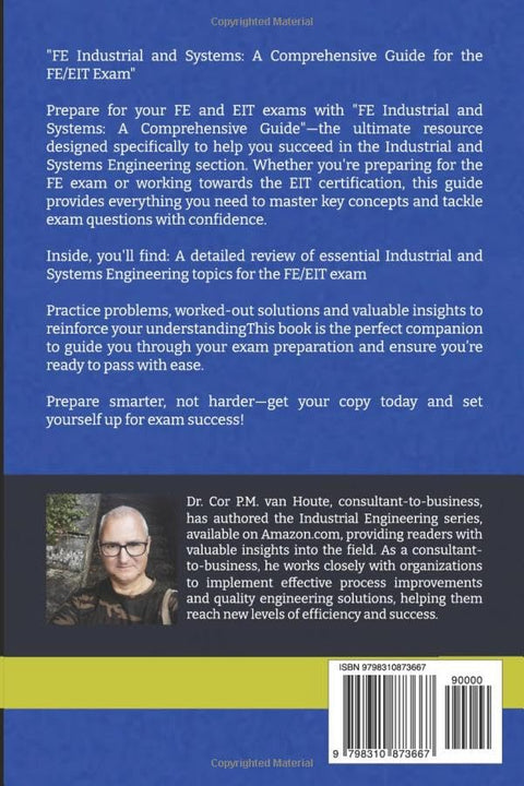 Book back cover: FE Industrial and Systems guide; blue with yellow band, author photo, ISBN barcode (Amazon).